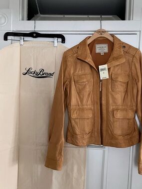 NWT y2k Lucky Brand Collection Traveler Lambskin Leather Tan Slim Fit Jacket Med